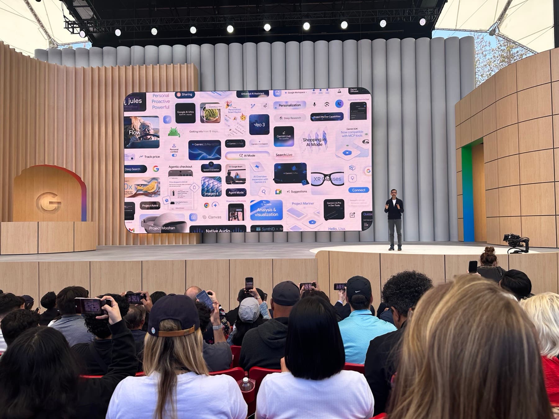 The Google I/O 2025 keynote stage, with the announcement wall behind the speaker